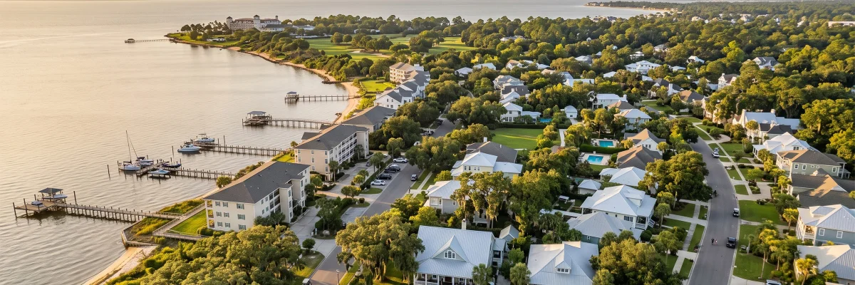 An established single-family neighborhood along the Alabama Gulf Coast — manicured lawns, mature trees, and Gulf Coast homes under a clear sky