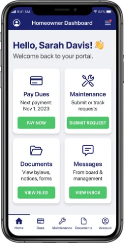 CMGT homeowner app showing tiles for paying dues, maintenance requests, documents, and messages