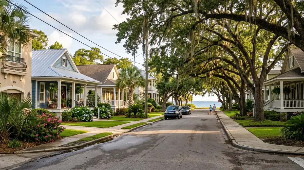 A live-oak-lined Biloxi street of coastal cottages leading down to the Mississippi Sound