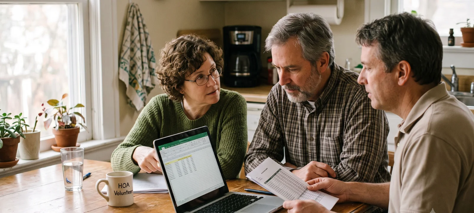 An HOA board treasurer working on community finances at a clubhouse table with a laptop open