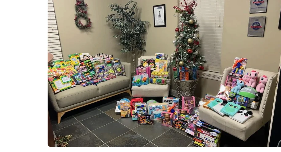 A roomful of donated toys collected by the CMGT team for the annual Toys for Tots holiday drive