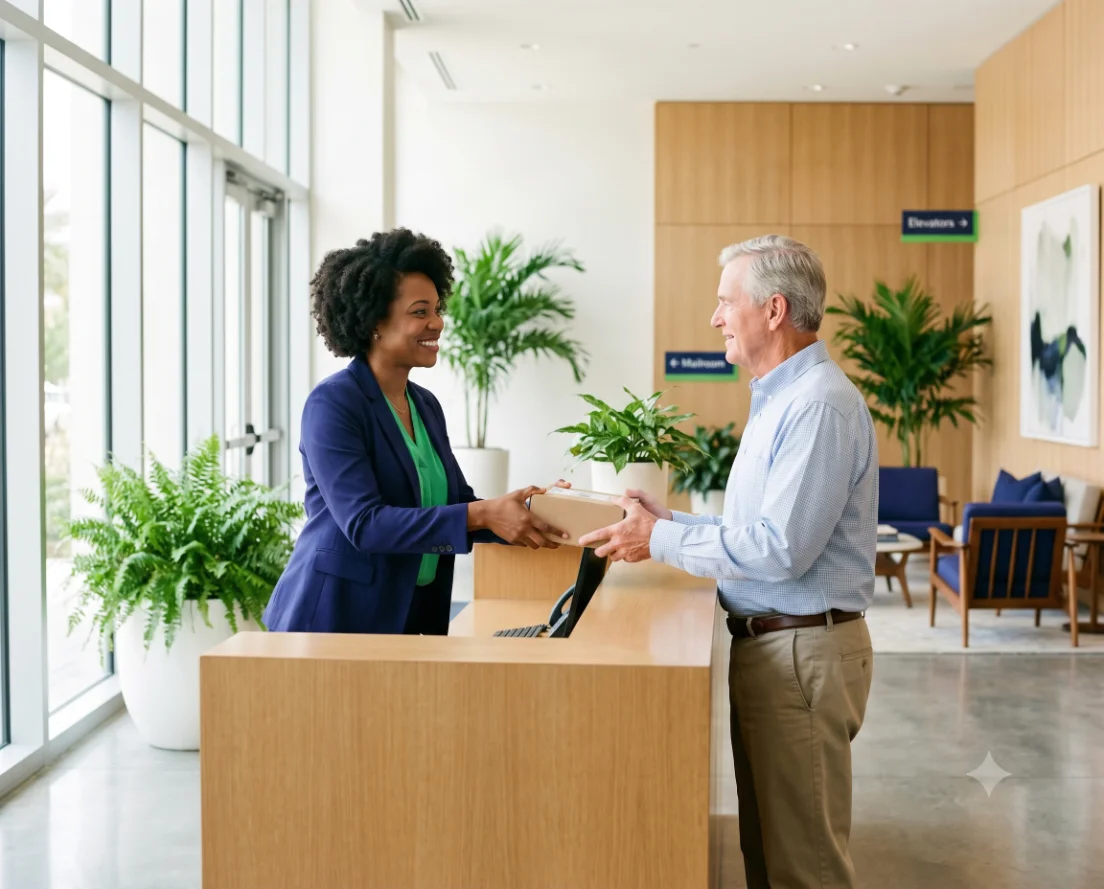 A warm, business-casual on-site community manager greeting a resident in a bright condominium lobby