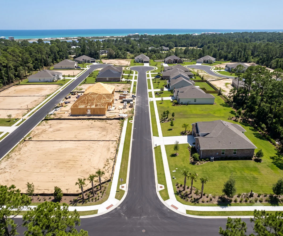 An aerial view of a Southern master-planned community with new streets, homes, and green common areas