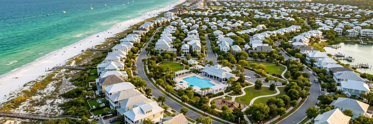 A Florida Panhandle master-planned community near Pensacola with single-family homes and lush coastal landscaping