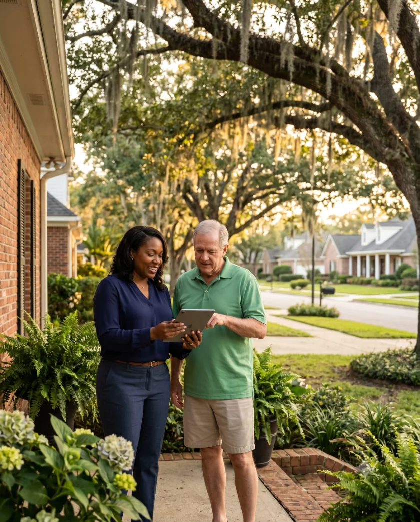 A warm CMGT community manager meeting with a homeowner outside a well-kept Gulf South neighborhood at golden hour