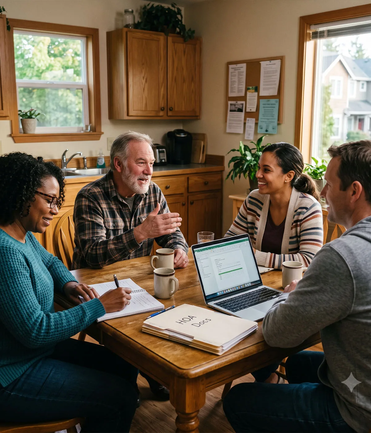 Volunteer HOA board members reviewing their community's financials on a laptop around a kitchen table