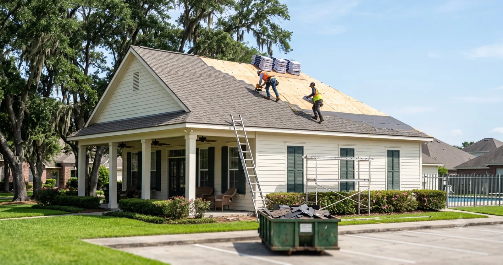 Roof replacement underway on an HOA clubhouse
