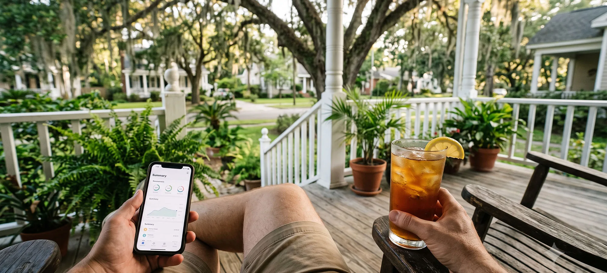 A homeowner relaxing on a Gulf South front porch, checking their HOA's financial summary on a phone