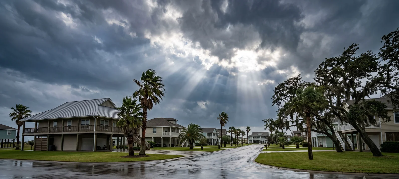 A Gulf South community under a dramatic pre-storm sky, homes and common areas intact