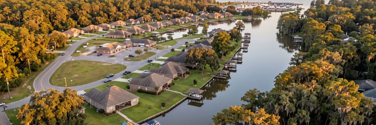 An established Louisiana residential community near Baton Rouge with mature oaks, well-kept homes, and manicured common areas under a bright Gulf South sky