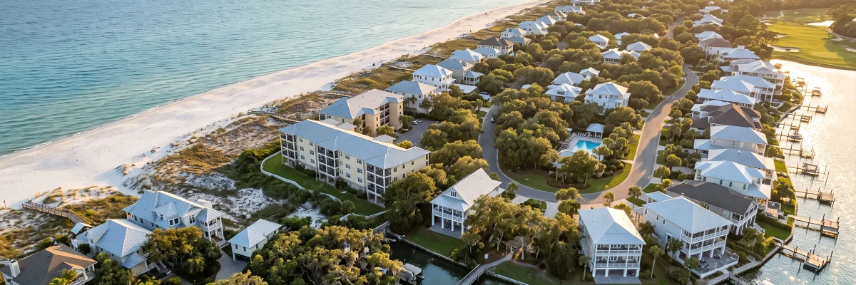 A Mississippi Gulf Coast neighborhood near Gulfport with coastal homes, palm-lined streets, and well-kept common areas