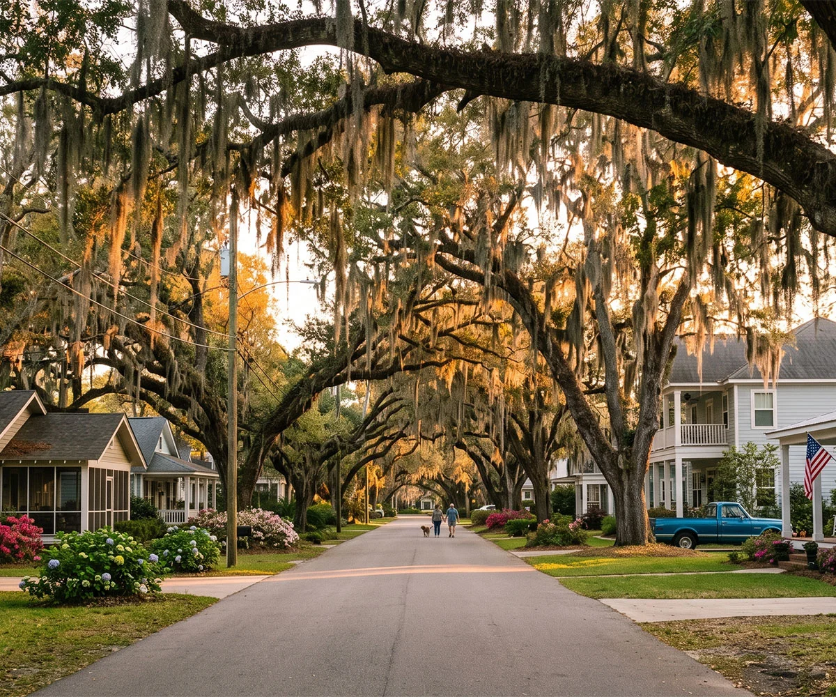 A CMGT team member walking the grounds of a Mississippi Gulf Coast community alongside a board member