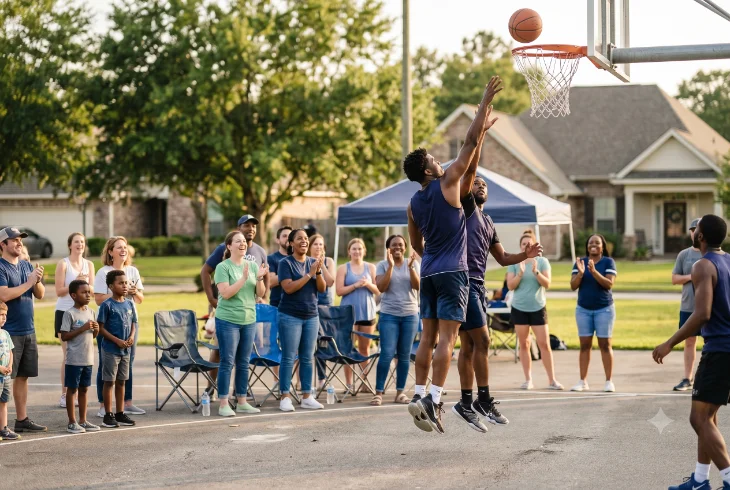 Community charity basketball event on a sunny Denham Springs afternoon