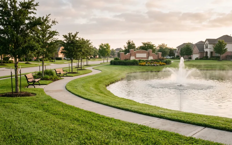 A well-kept Gulf South neighborhood common area maintained by HOA fees, with a landscaped walking path, benches, an entrance monument, and a pond with a fountain at dusk