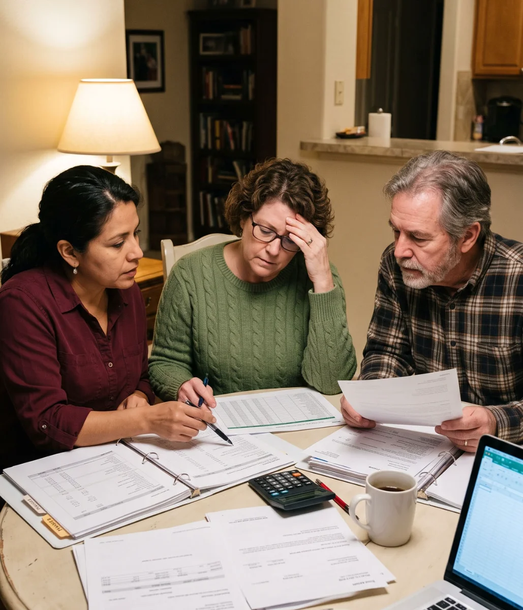 Volunteer HOA board members meeting around a kitchen table, reviewing community paperwork together