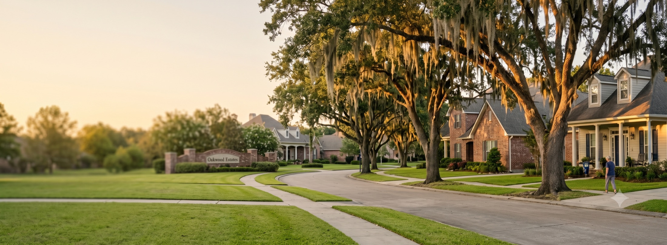 A founding-era Gulf South community at golden hour — manicured streetscape with live oaks