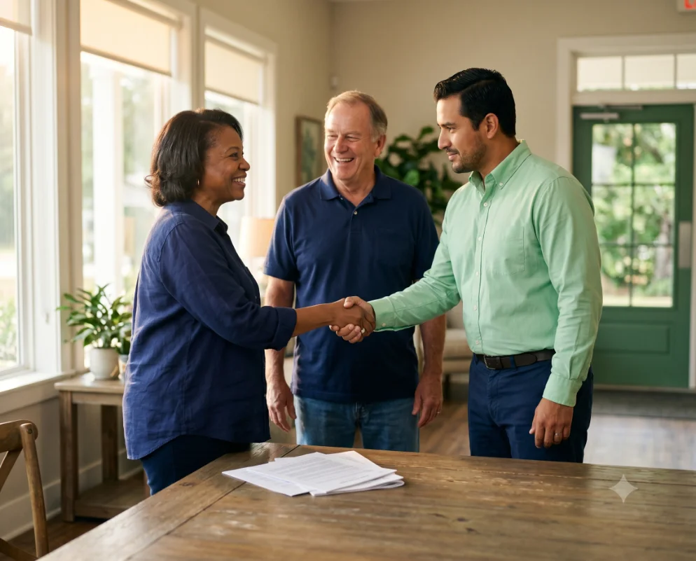 A relieved HOA board member shaking hands with a calm, capable CMGT community manager outside a community clubhouse — the feeling of weight lifted and trust earned