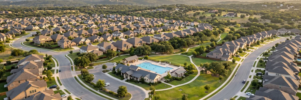 A newer master-planned East Texas neighborhood with modern single-family homes, wide streets, and open Texas sky