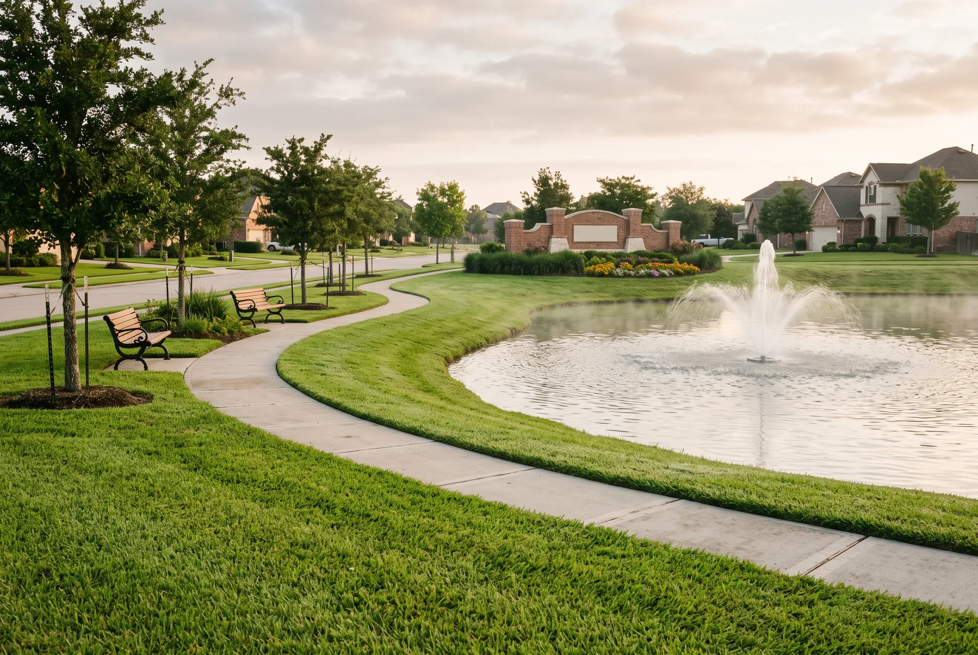 A well-kept Gulf South neighborhood common area maintained by HOA fees, with a landscaped walking path, benches, an entrance monument, and a pond with a fountain at dusk